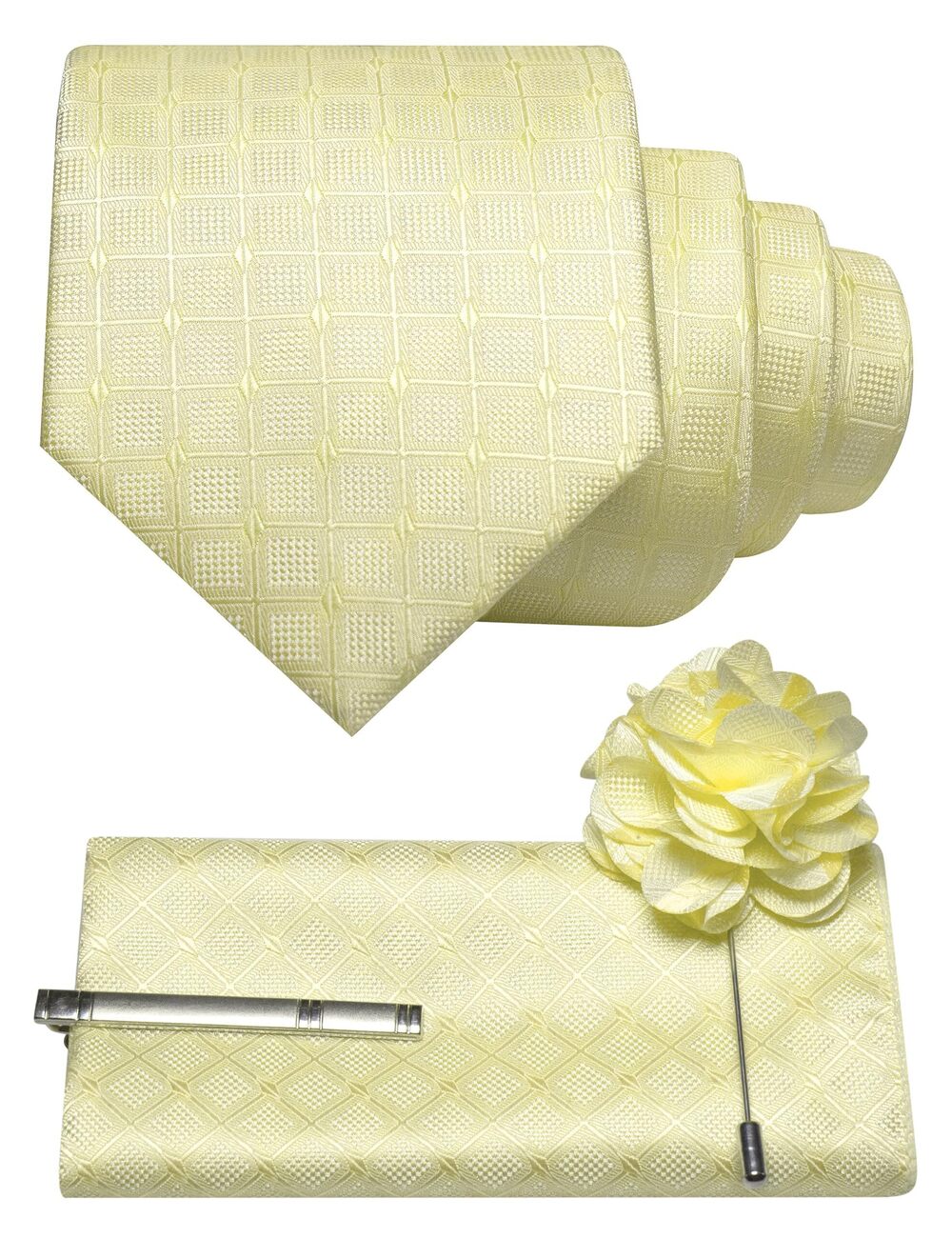 1060 Plaid Checkered Champagne Gold Ties Necktie and Pocket Square with Tie